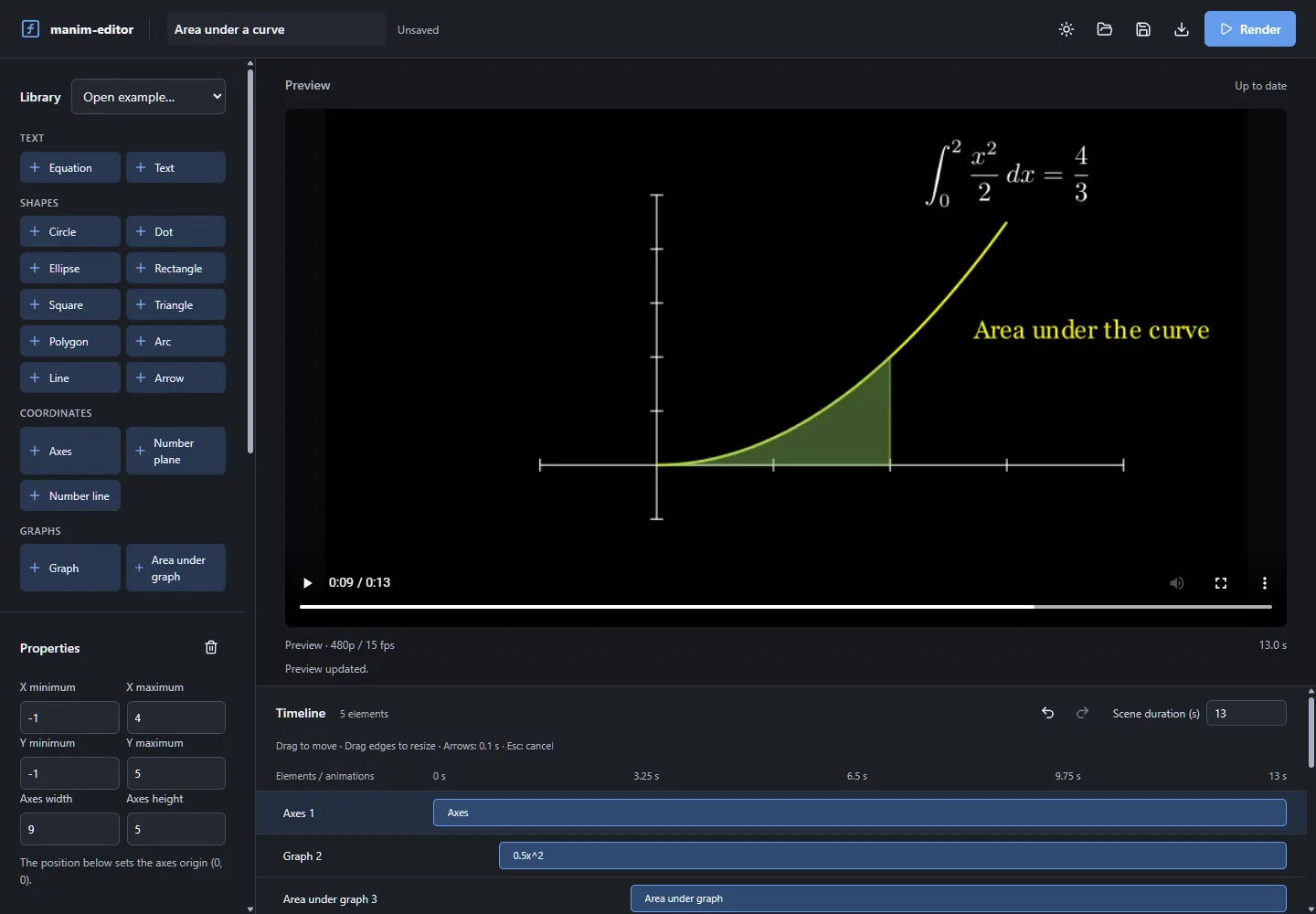 Editor com uma integral renderizada e a linha do tempo